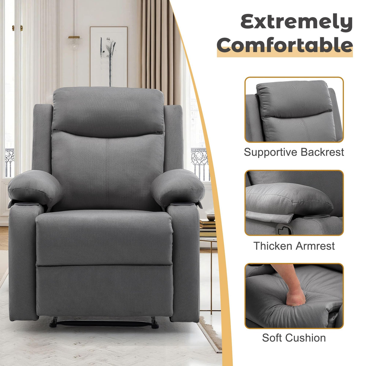 Korser Recliner Chair, Small Recliners for Small Spaces, Manual Recliner with Cup Holders and Side Pockets, Reclining Chair, Chairs for Living Room, Bedroom, Nursery, Darkgrey Korser
