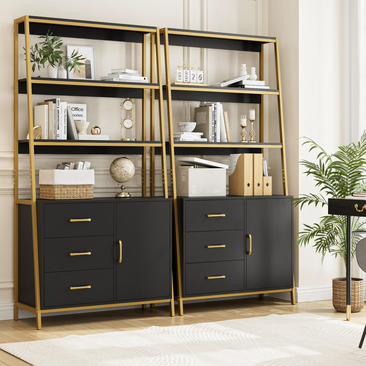 HITHOS 69" Tall Bookshelf, Modern 4-Tier Bookcase with Wooden Drawers and Ladder Shelves, Free Standing Storage Cabinet Kitchen Bakers Rack with Microwave Oven Stand for Home Office, Black Gold HITHOS