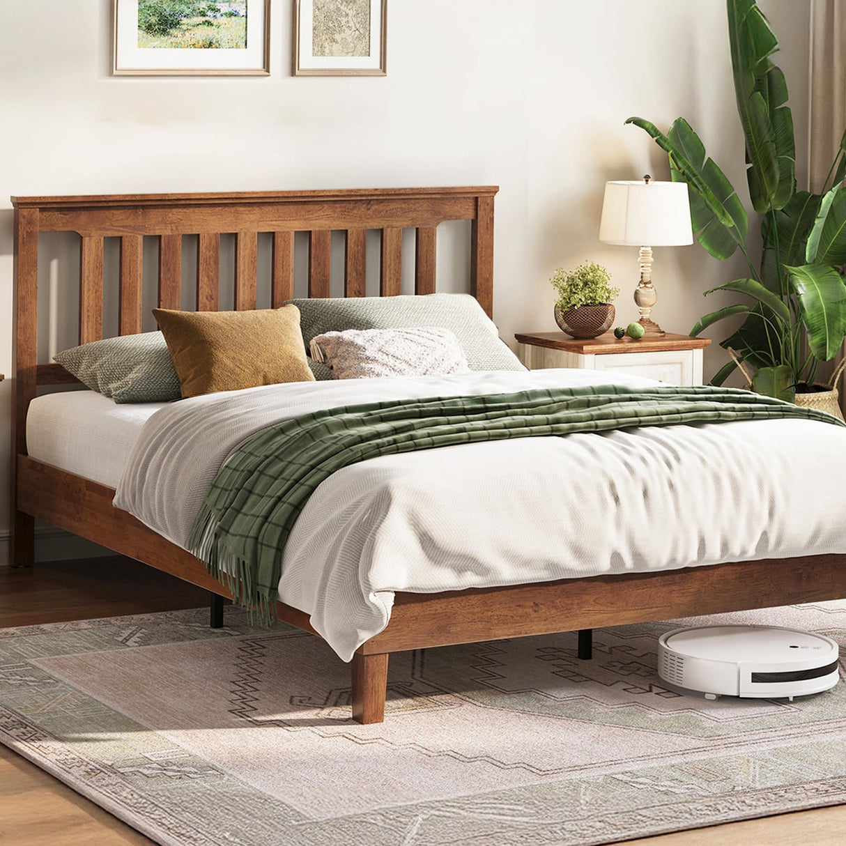LINSY Wood Full Size Bed Frame, Solid Wood Platform Bed Frame Full with headboard, Wooden Bed with Wood Slat Support, No Box Spring Needed, Walnut LINSY