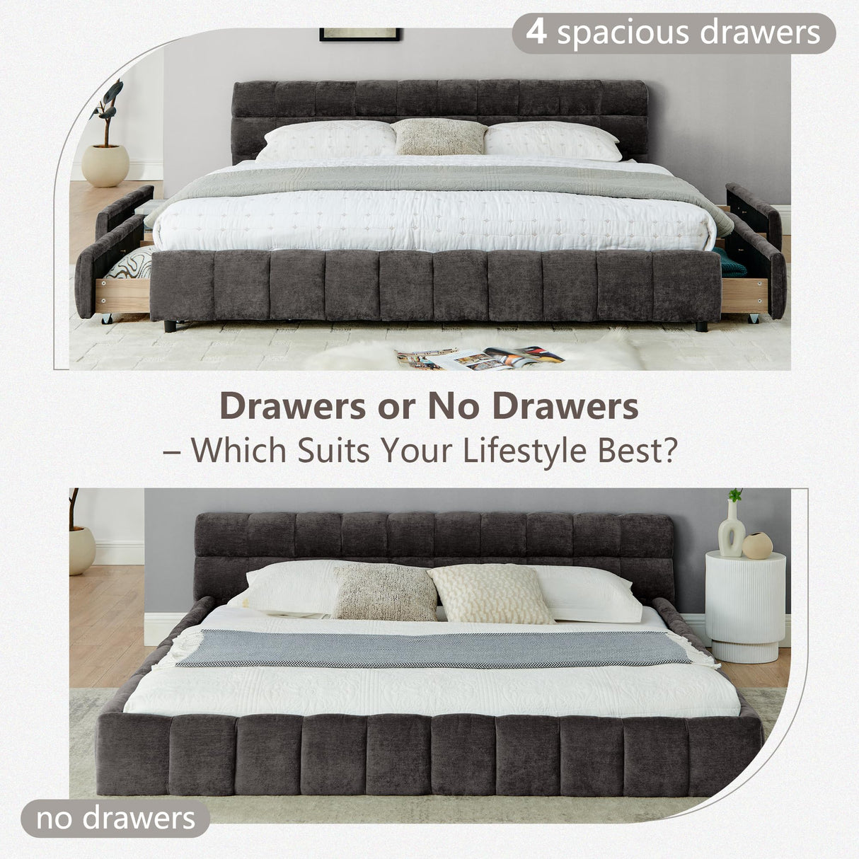 Olodumare King Grounded Bed Frame with Headboard, Cute Puff Grid Pattern Chenille Upholstered Platform Floor Bed with Sturdy Slats, No Box Spring Needed, Easy Assembly, Charcoal Grey Olodumare