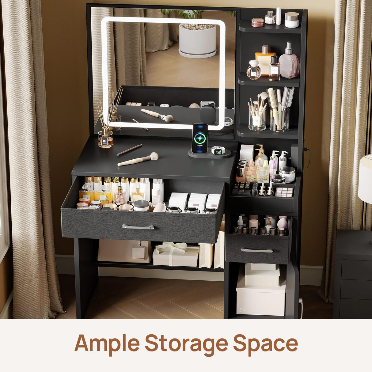 GREENSTELL Vanity Makeup Desk with Mirror and Lights, Makeup Table with Power Strip, 11 Storage Area, 3 Color Mode with Adjustable Brightness, 3 Desktop Compartments, Dressing Table, 32.6",Black GREENSTELL