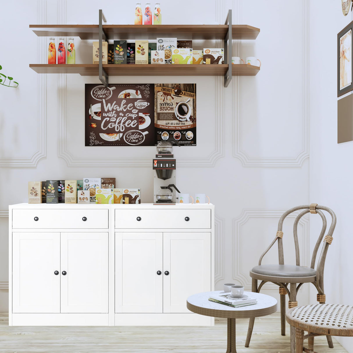 CJF Buffet Storage Cabinet, Storage Cabinet with Drawer & Adjustable Shelf, Metal Sideboard Kitchen Storage Cabinet for Coffee Bar, Bathroom, Living Room, Entryway, Home Office, Natural, Pantry CJF