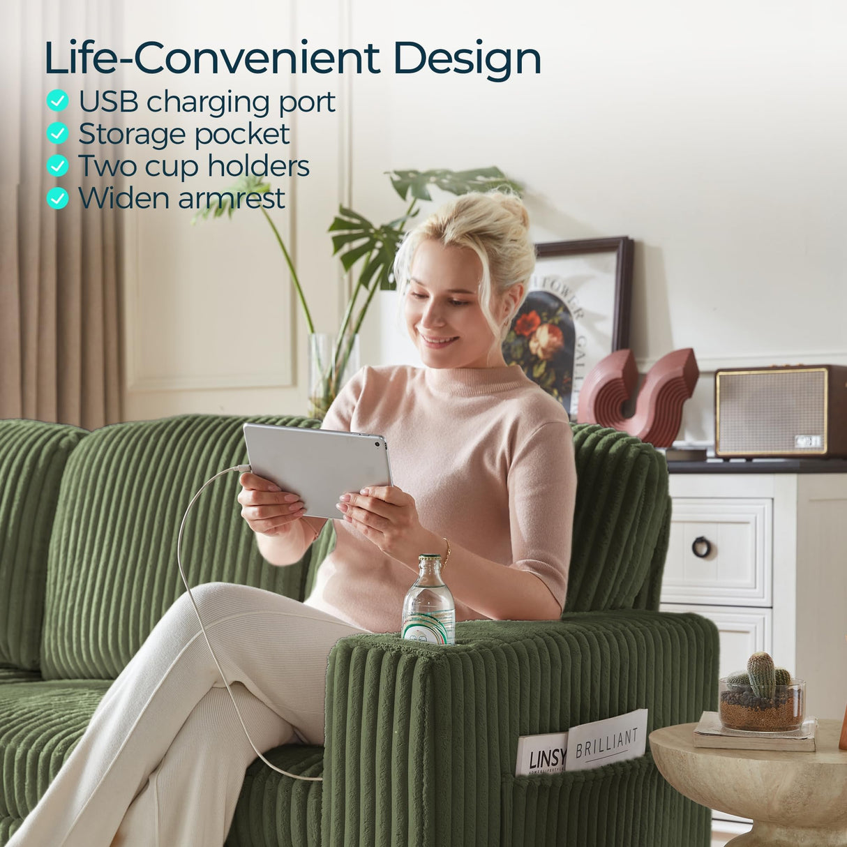 LINSY HOME Sectional Sleeper Sofa with Pull Out Couch Bed Convertible Plush Corduroy Cloud Couch with Storage Chaise & USB Charging, Comfy L Shaped Modular Couches for Living Room Apartment (Green) LINSY HOME