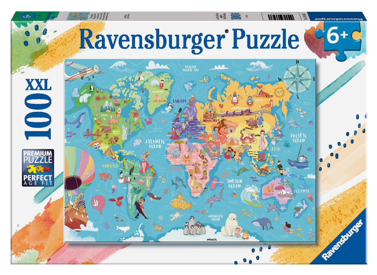 Ravensburger Map of The World 100 Piece XXL Jigsaw Puzzle forKids - | Unique Piece Design | Anti-Glare Surface | Skill-Building, Fun Activity | Amazon Exclusive Ravensburger