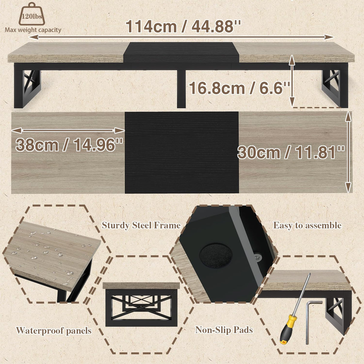 IBUYKE 45" Large TV Riser for 32-60 inch TV,Tabletop Short TV Stand with Storage and Steel Legs,Dual Screen Office Desk,Stand Riser,TV Riser Stand for Home,Bedroom,Living Room,Greige Black TVT002YB IBUYKE