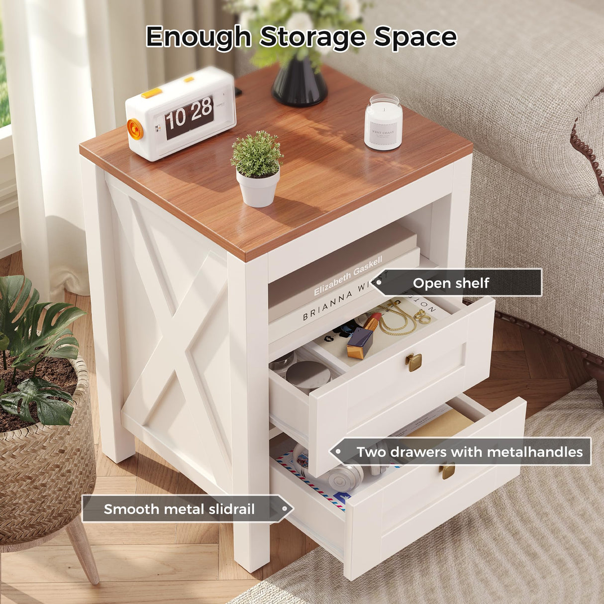 Luoxiao Nightstand Set of 2 with Charging Station, End Table, 18" Farmhouse Side Table with 2 Storage Drawers, Rustic Wooden Sofa Table, Bedside Cabinet for Living Room, Bedroom, White Luoxiao