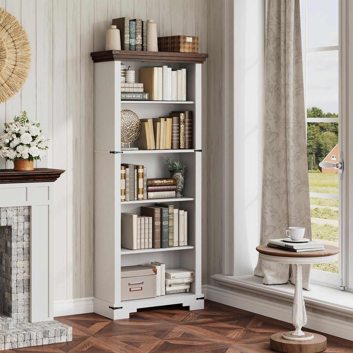 HOTLUU 5-Tier Farmhouse Bookshelf, 61.1 inch Tall Bookcase with Storage & Unique Design & One Adjustable Shelf, Wooden Bookshelf for Study Room, Living Room, Home Office, Bedroom (White) HOTLUU