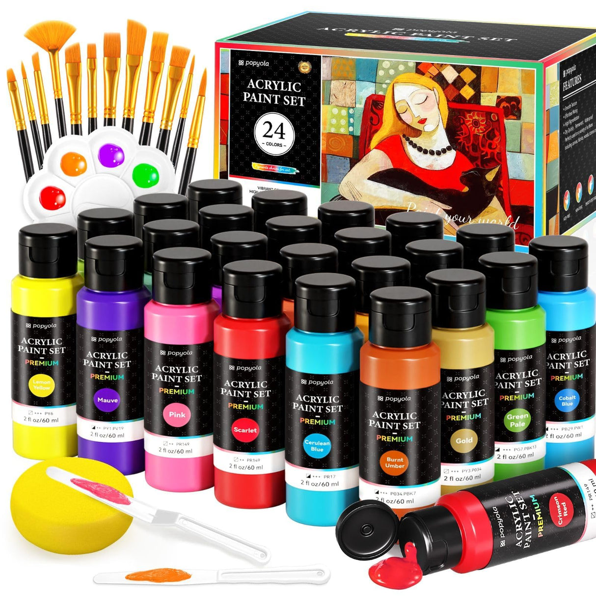 40 Pack Acrylic Paint Set with 12 Brushes, 2 Knives, Palette and Sponge, 24 Colors (60ml, 2oz) Art Craft Paint Gifts for Adults Kids Artists Beginners, Canvas Ceramic Wood Rock Pumpkin Painting Kit POPYOLA