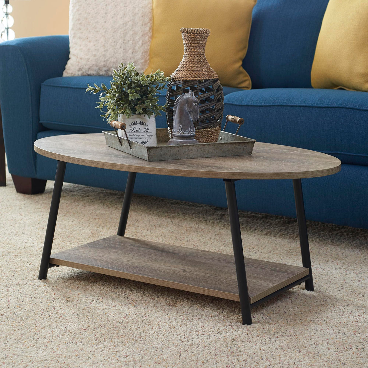 Household Essentials 8081-1 Oval Rustic Coffee Table with Storage Shelf | Distressed Ashwood Household Essentials