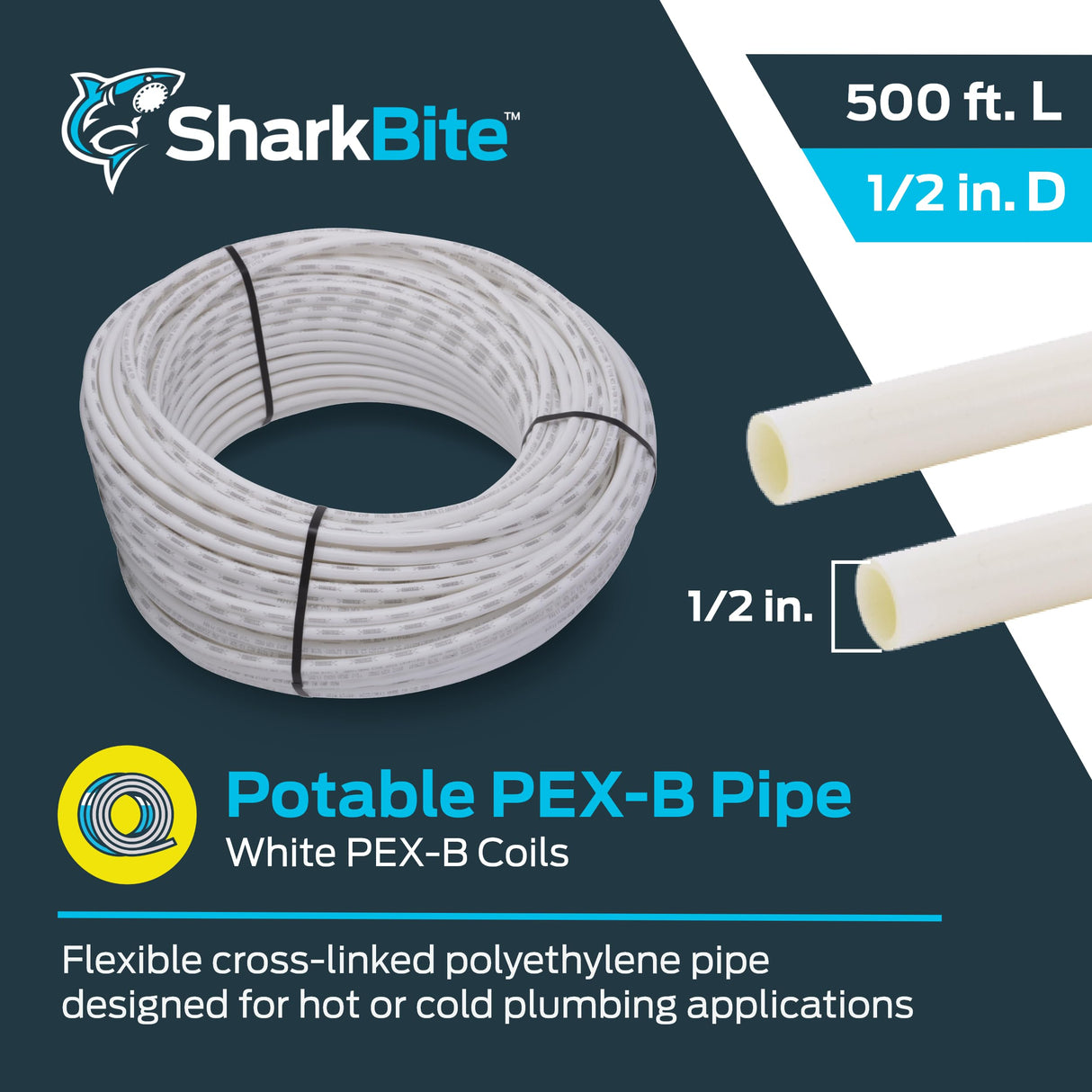 SharkBite 1/2 Inch x 500 Feet White PEX-B, PEX Pipe Flexible Water Tubing for Plumbing, U860W500 SharkBite