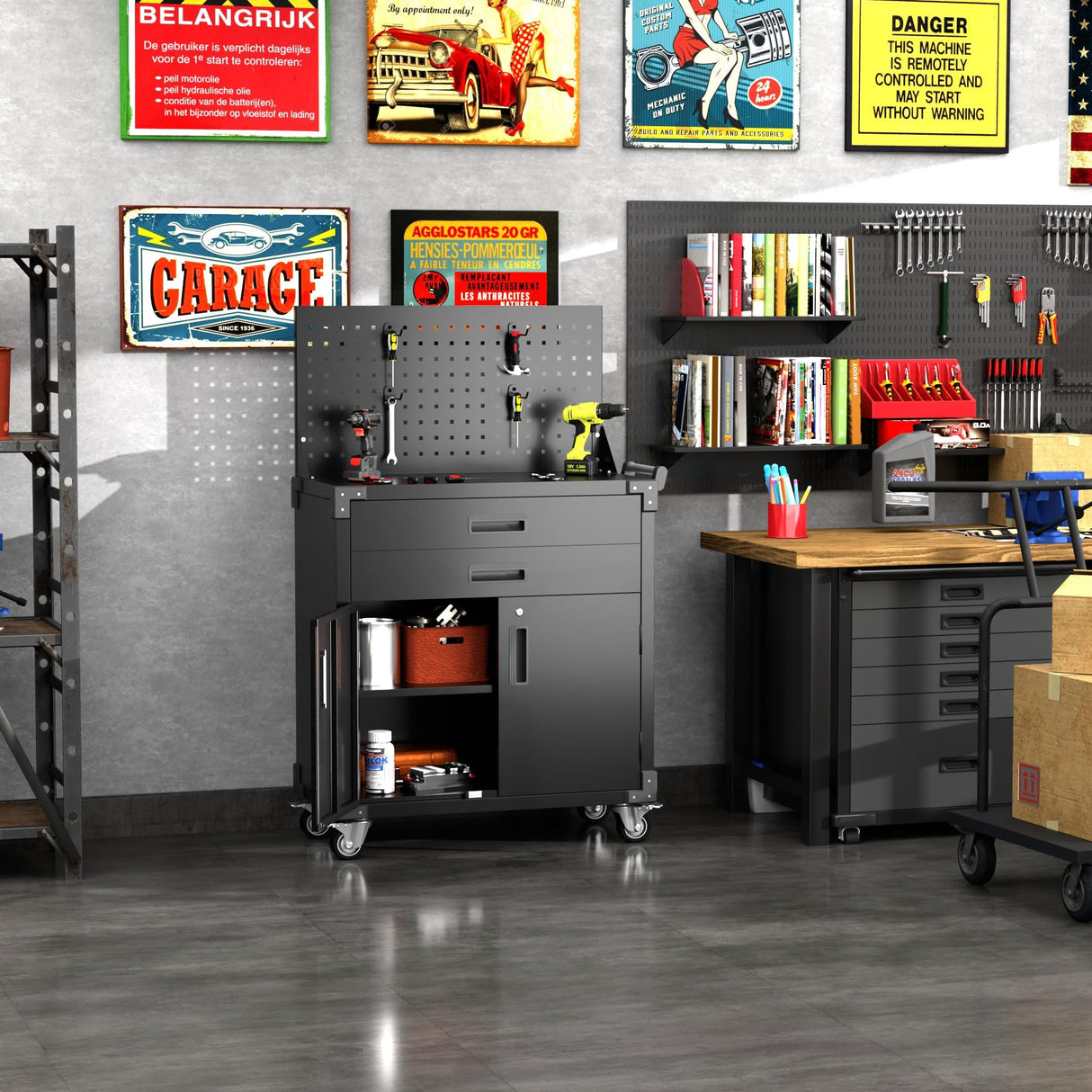 SUXXAN Black Tool Cart with Pegboard and 4 Hooks,Garage Storage Cabinet on Wheels with 2 Drawer,Industrial Service Utility Tool Cart for Mechanics, Garage, Workshop SUXXAN