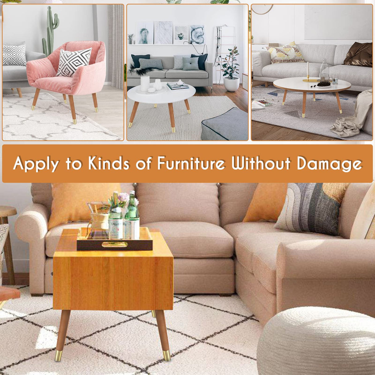 XBurmo Mid Century Table Legs,16'' Angled Tapered Solid Wood Table Legs for Stool Bench,Legs for Furniture set of 4 with Gold Metal Edge Mounting Plates XBurmo