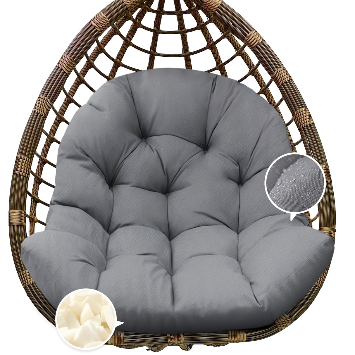Tycdiose Egg Chair Cushion Replacement, Waterproof Outdoor Hanging Egg Swing Chair Cushions Pads, U-Shaped Thickened Cushions for Hanging Eggs Chair with Ties, 47x33x7 Inches (Grey) Tycdiose