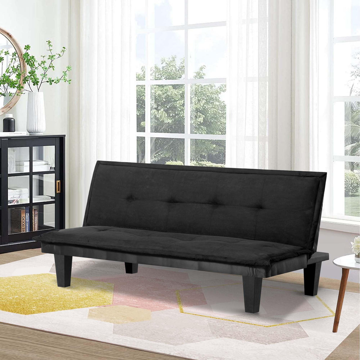 SumKea 63.8" Futon Bed with Adjustable Backrest and Suede Upholstery – Multi-Functional Sleeper Sofa for Home and Office, Black SumKea