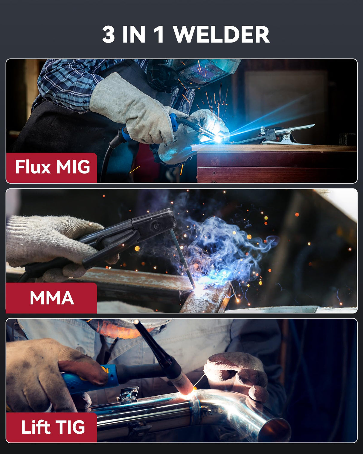 ARCCAPTAIN 130A MIG Welder, 110V Flux Core MIG Welder/Lift TIG/Stick 3 in 1 Welding Machine with Synergy, IGBT Inverter Portable Gasless Welder Equipment with Welding Gun and 2lb Welding Wire ARCCAPTAIN