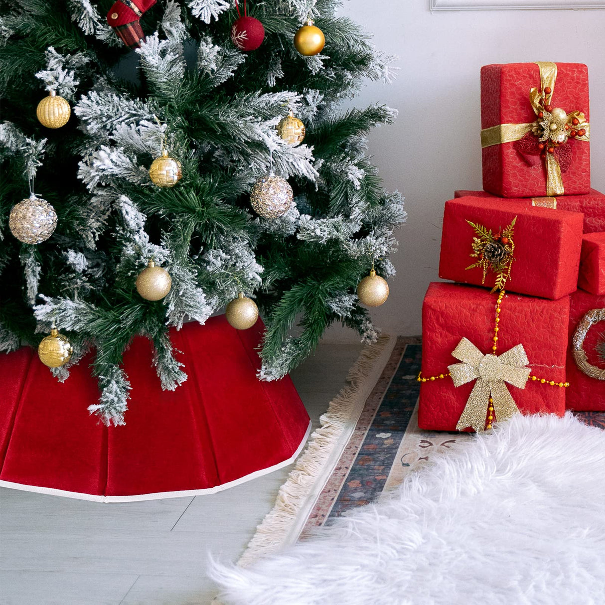 Christmas Tree Collar Red Velvet Folable Christmas Tree Ring Tree Skirt for Artificial Trees Base Stand Cover Christmas Tree Decoration Hxezoc