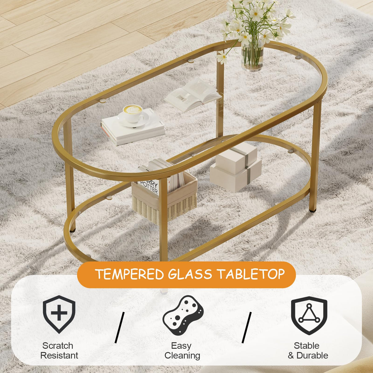 Wolawu Coffee Table Gold Oval Glass Table for Living Room,2 Tiers Oval Center Table with Sturdy Metal Frame, Modern Tempered Glass Tables for Bedroom Living Room Home Office Wolawu