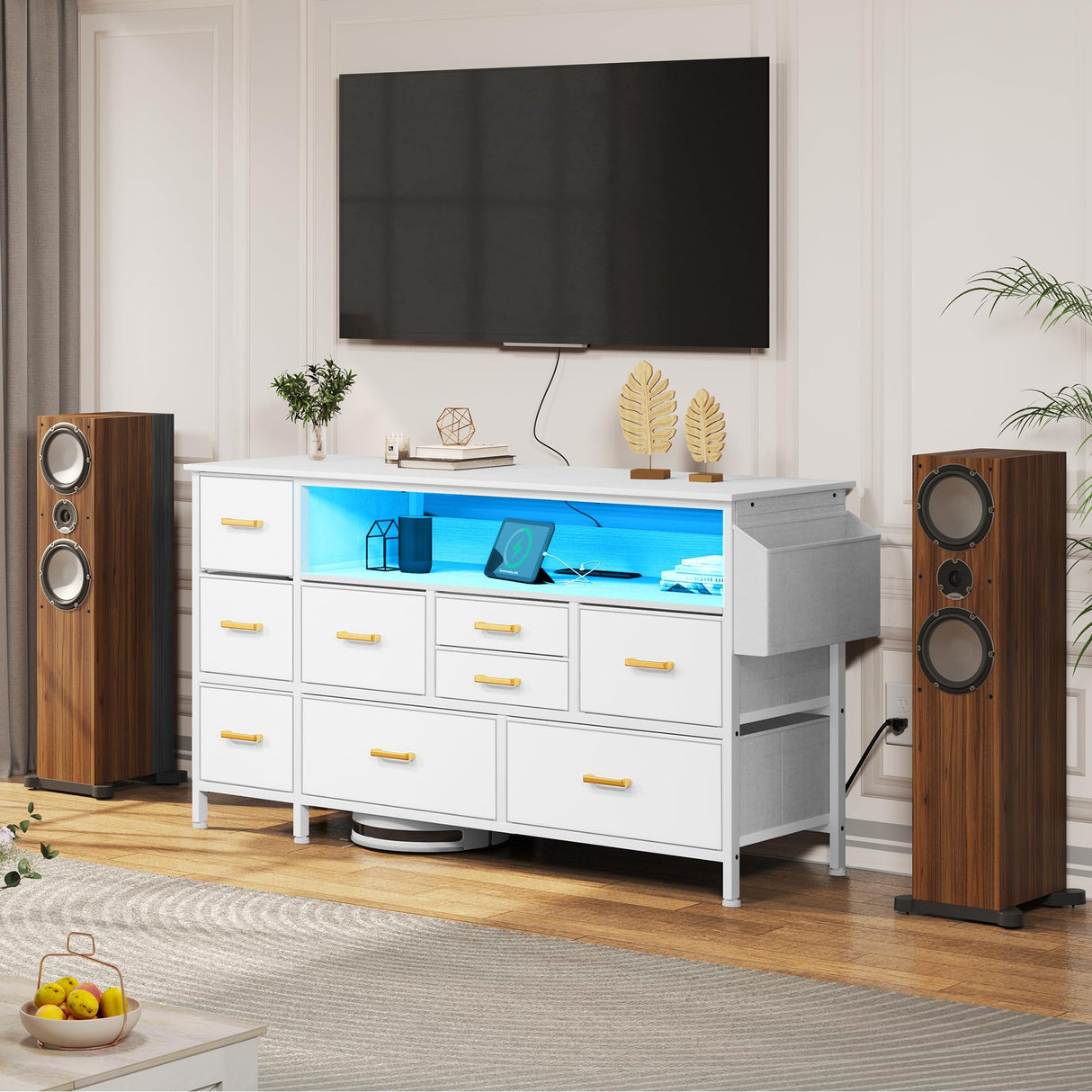 YITAHOME Dresser TV Stand for 55'' TV, 9-Drawer Dresser with Power Outlet and LED Light, Wide Dresser with Metal Handle, White Dresser with Shelves and PU Finish YITAHOME