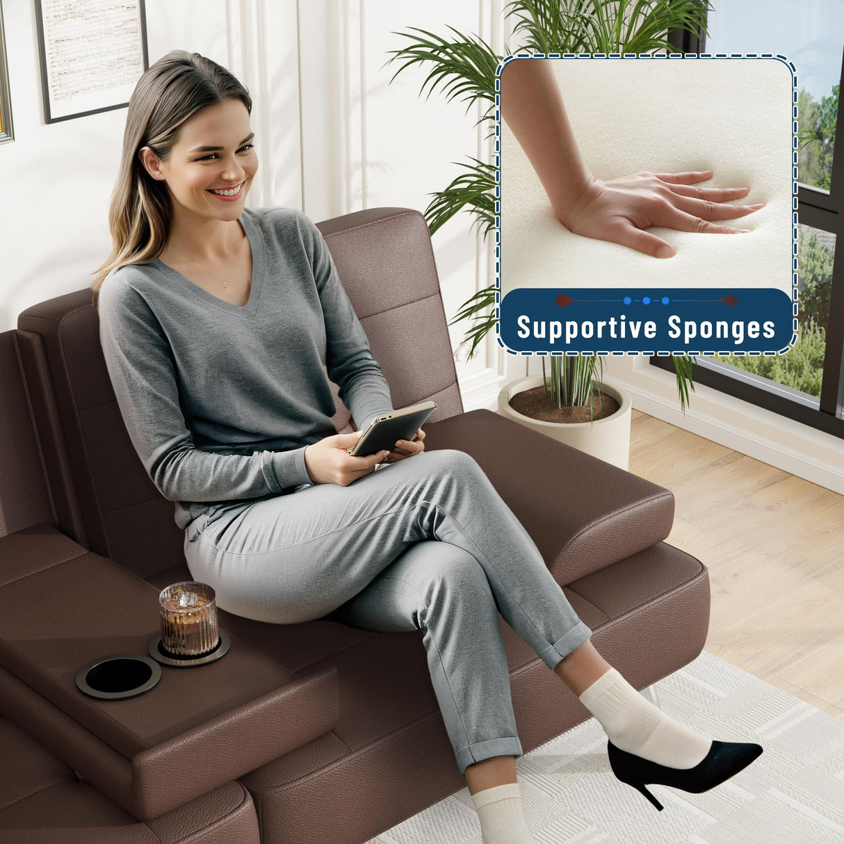 Furmax Futon Sofa Bed Adjustable Futon Couch Modern Sleeper Sofa Bed for Living Room, Business Office, Recliner Sofa with Cup Holders (PU Leather, Brown) Furmax