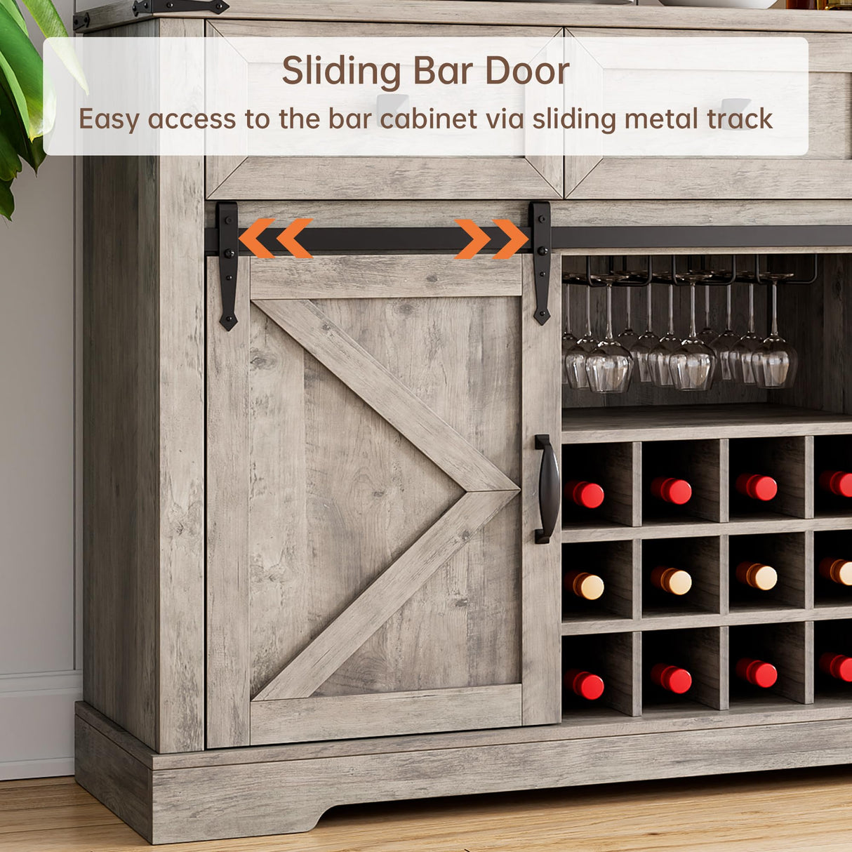 Farmhouse Buffe t Cabinet with Sliding Barn Door - Versatile Coffee Bar & Wine Storage in Washed Gray IDEALHOUSE