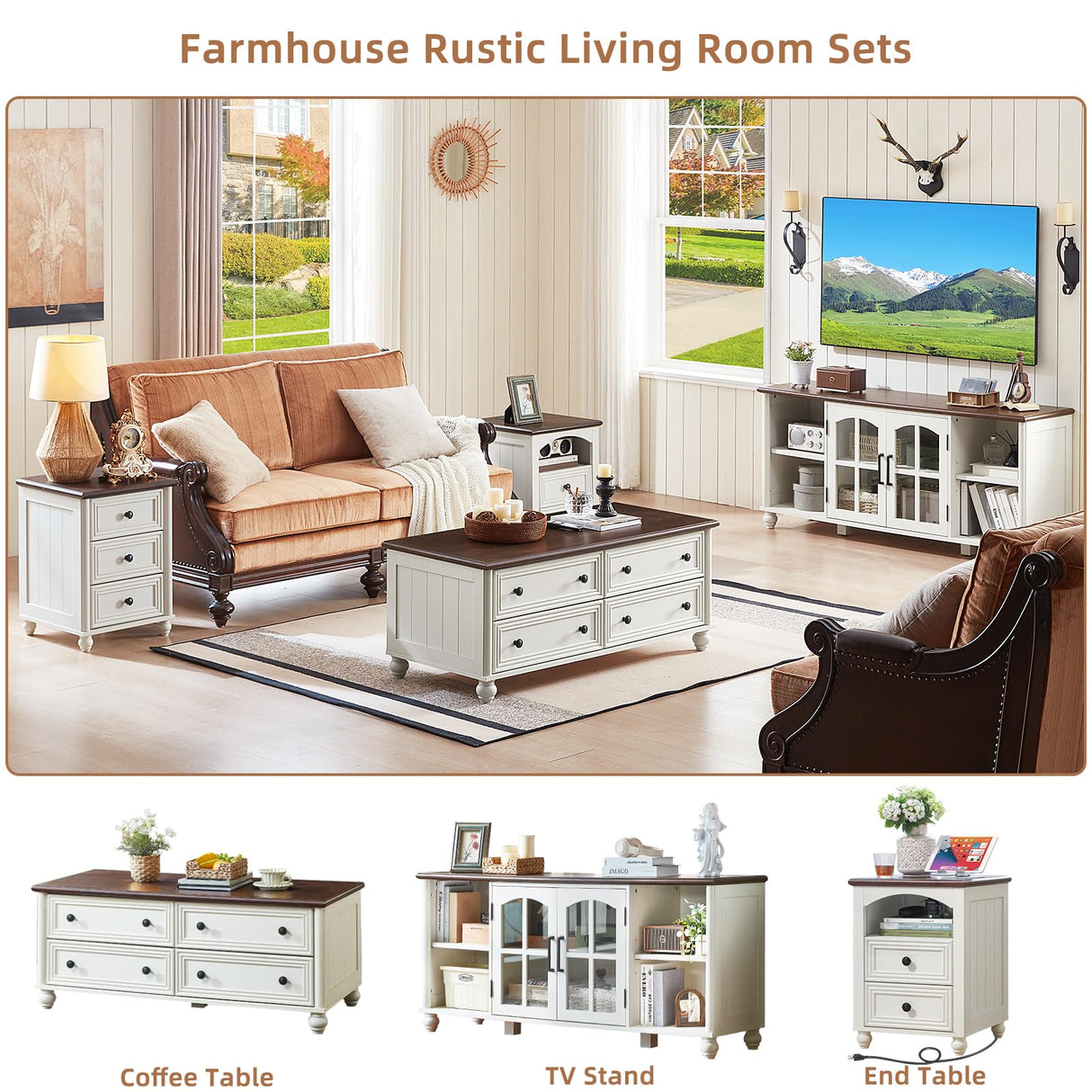 RWYHG Farmhouse TV Stand for 65 Inch TV, Wood Entertainment Center with Adjustable Shelves & Glass Door Storage Cabinet,Television Stands for 70" TVS,TV Console Table for Living Room,Bedroom,White RWYHG