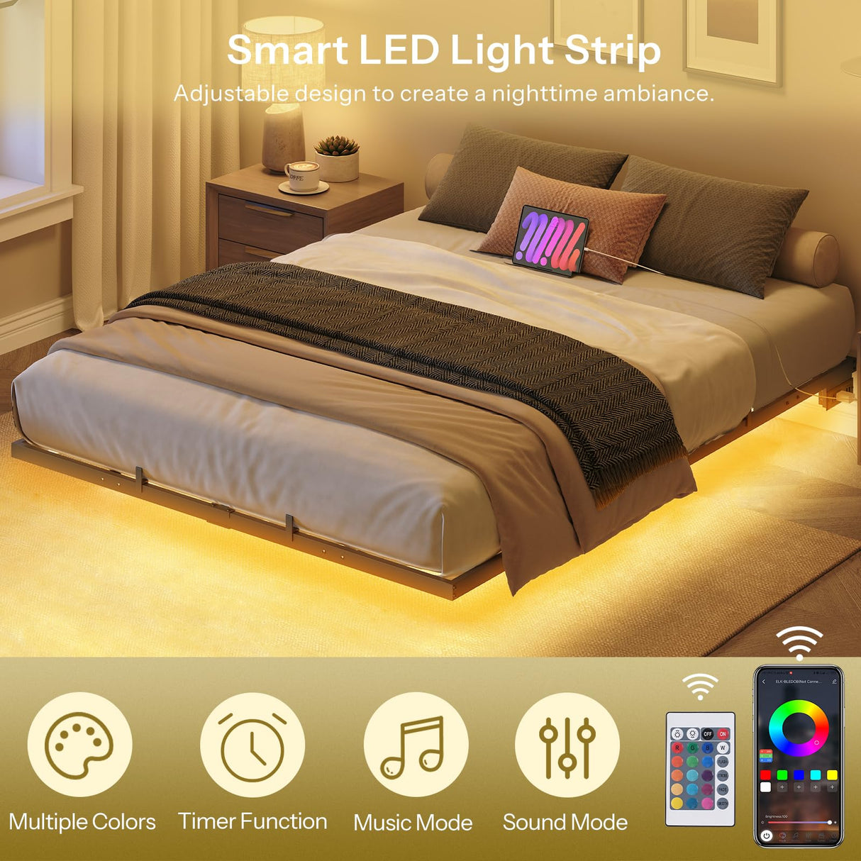 HOOBRO Floating Bed Frame Full Size, Bed Frame with Charging Station and LED Lights, Industrial Style Metal Platform Full Bed, Soundless, No Box Springs Needed, Black HOOBRO