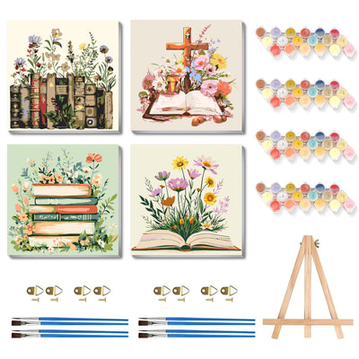 4 Pack Book Paint by Numbers Kit for Adults, Flower Adult Paint by Number Kits with Easel, Small Easy Paint by Numbers for Adults Beginners, DIY Painting on Canvas for Home Wall Art Decor 8x8 Inch