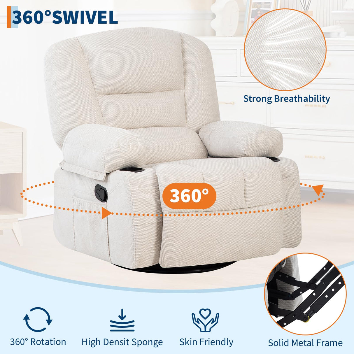 GarveeLife Massage Recliner Chair with Heating, 360° Swivel Reclining Chair for Adults with Storage and Cup Holder, Ergonomic Lift Recliner with Massage, for Living Room, Bedroom, White GarveeLife