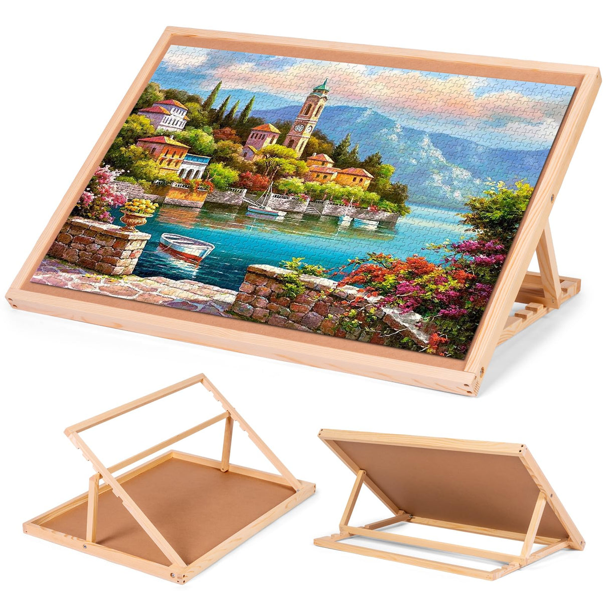 Old Canal Puzzle Board, 1000 Pieces Puzzles Table with Adjustable Tilt Stand, Wooden Jigsaw Puzzle Tables, Portable Puzzle Storage Boards with Non-Slip Felt Tabletop for Adults Old Canal