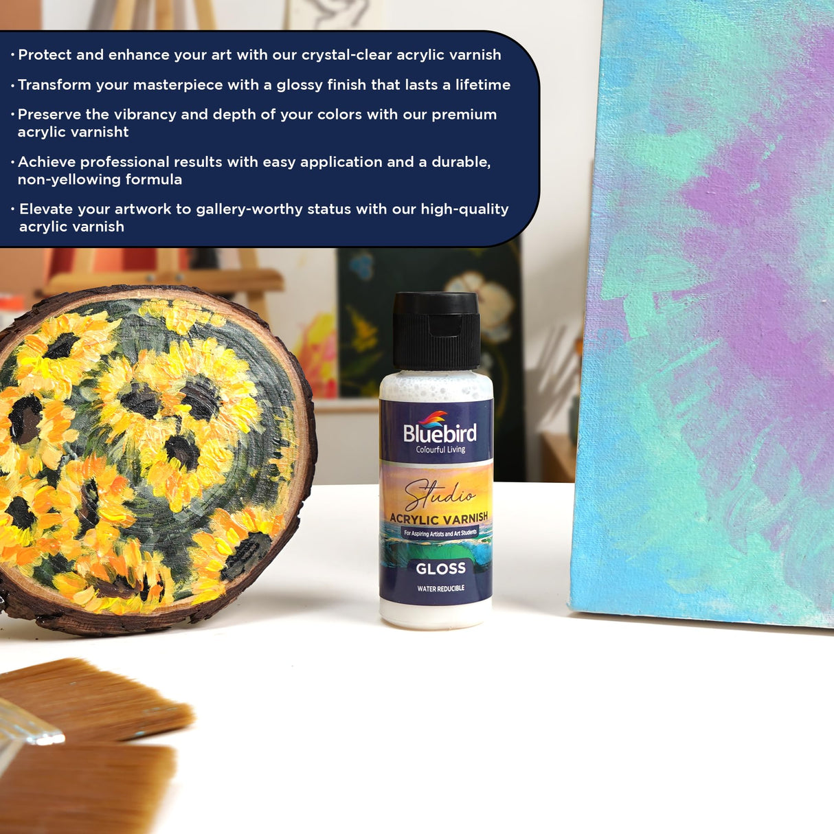 Bluebird Studio Gloss Varnish for Acrylic Painting, 3.4 Fl Oz, Non-Yellowing, Non-Toxic, Anti-Crazing, Basic Varnish for Pro Artists, Hobby Painters & Kids BLUEBIRD
