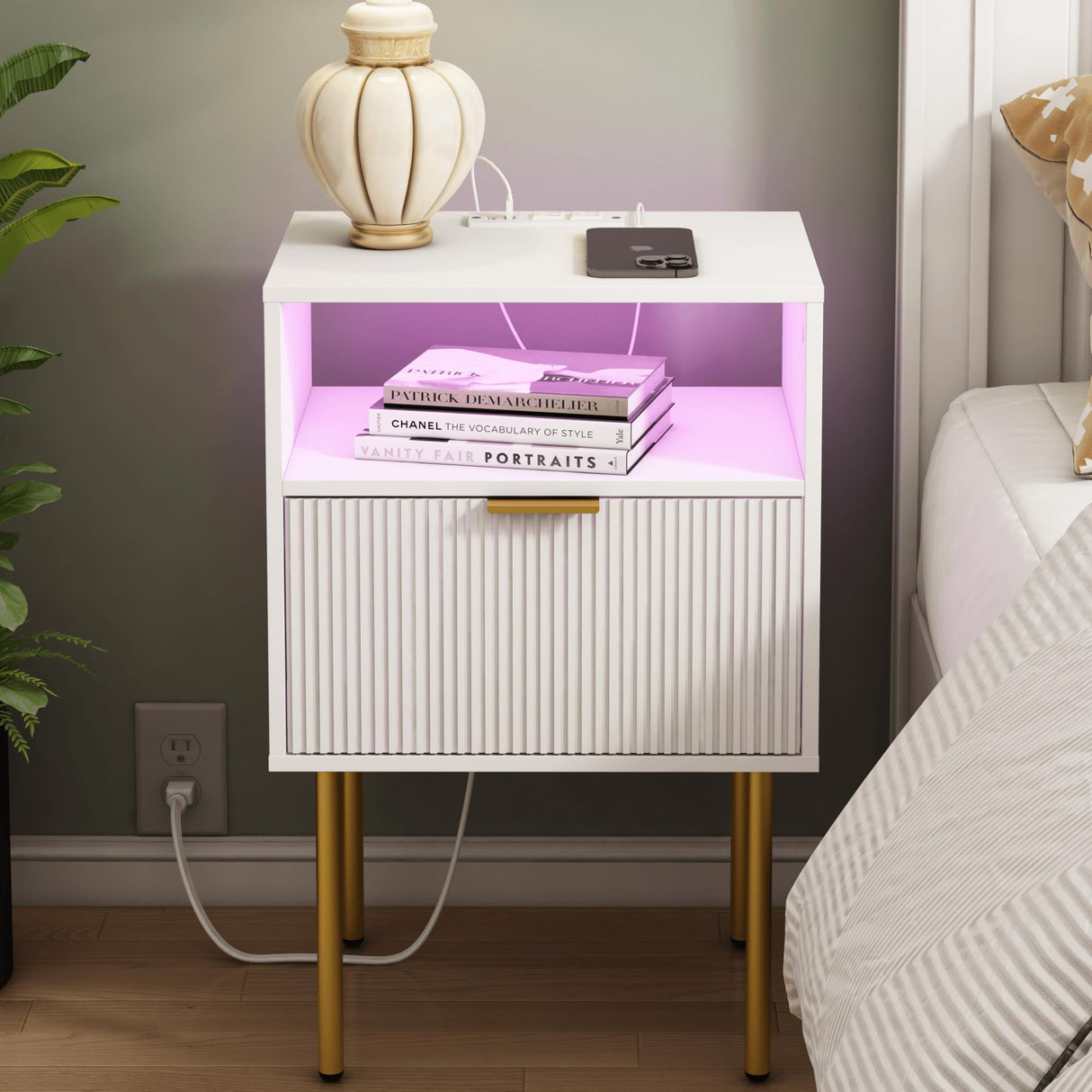 Modern Nightstand with Charging Station and LED Lights, White Bedside Table with Drawer, Fluted Side Table for Living Room, Bedroom JOONEE