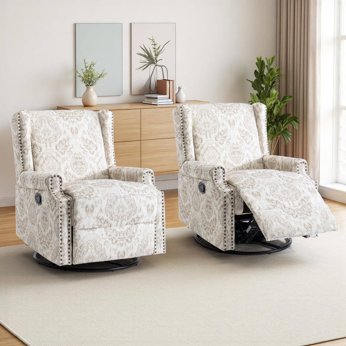 DREAMSIDEA Swivel Rocker Recliner Chair, Manual Nursery Glider Recliner, Floral Fabric Wingback Accent Chair with Adjustable Backrest & Footrest for Small Spaces Living Room Bedroom (Beige, Set of 1) DREAMSIDEA