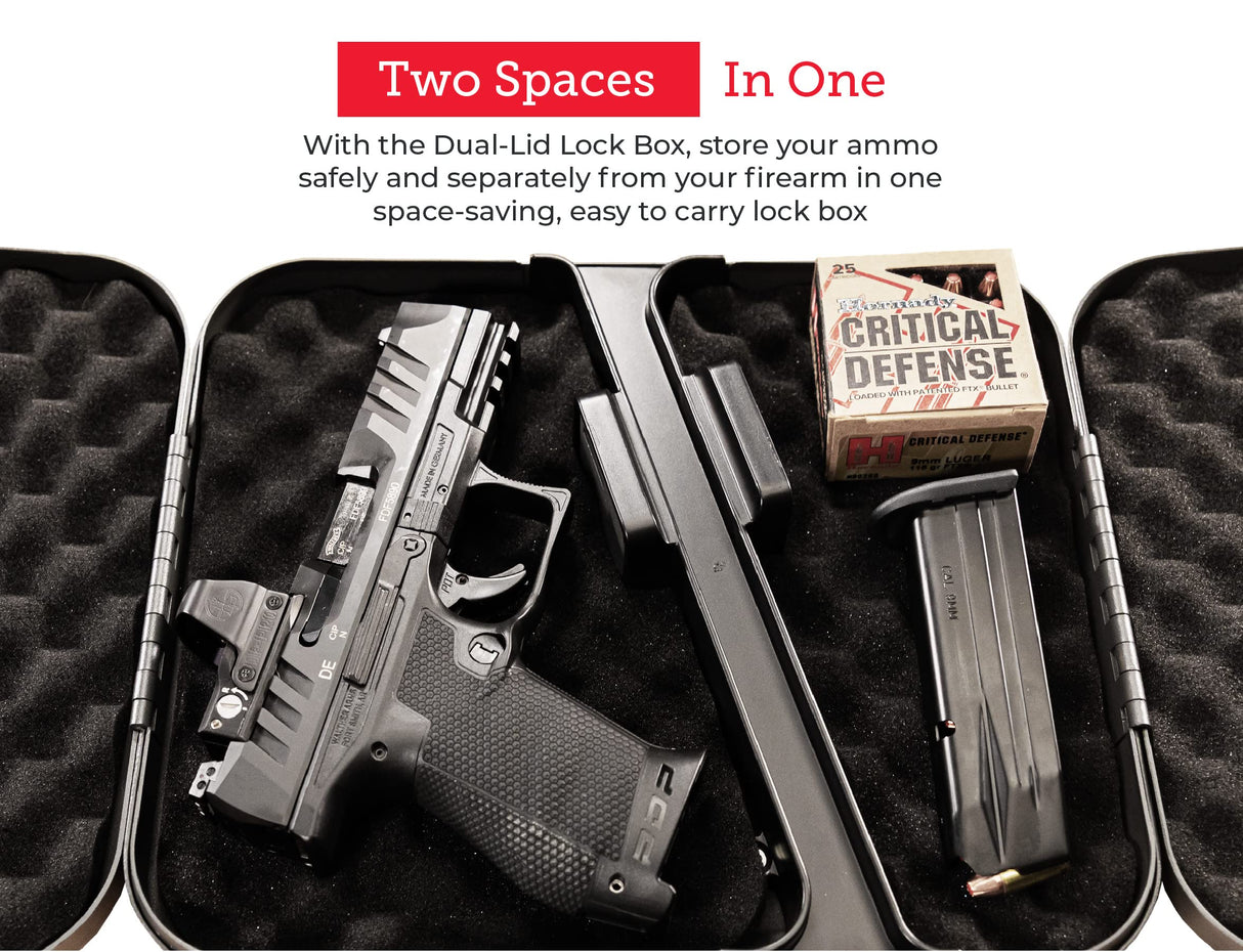 Hornady Dual-Lid Gun Lock Box - Two Compartment Portable Lock Box with Separate Lid and Lock - This Small Gun Safe Stores Handguns and Ammo Separately - Measures 11 x 10 x 2 Inches - Item 95229 Hornady