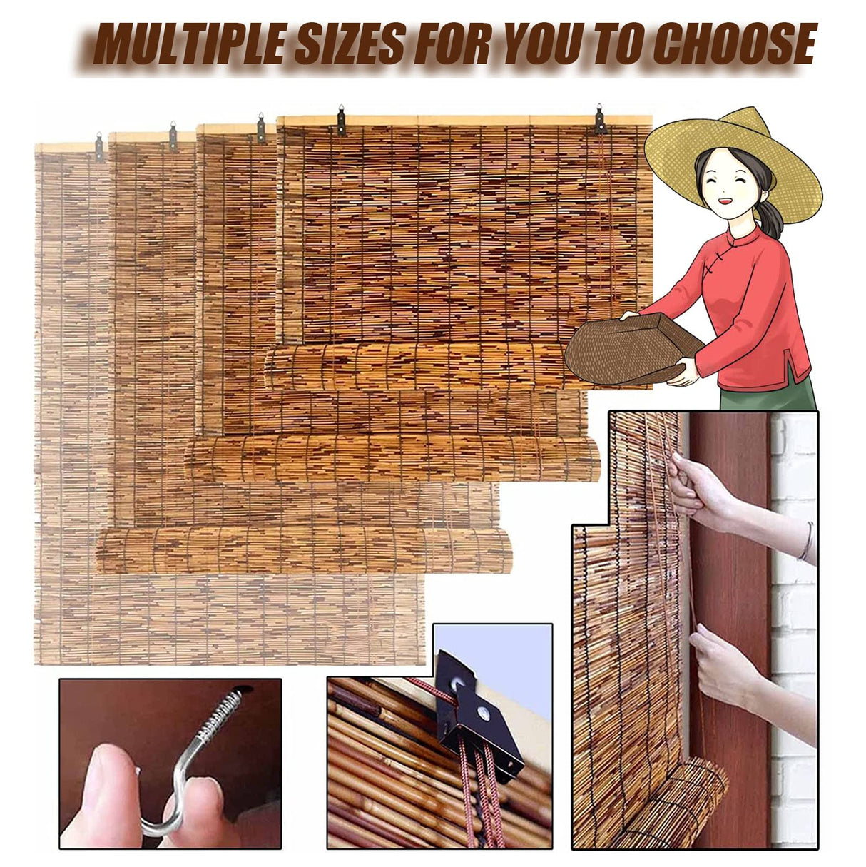 Bamboo Shades Blinds Bamboo Shades Outdoor Bamboo Roller Blinds Retro Bamboo Roll Up Shades, Reed Shades Bamboo Roll Up Blinds with Lift for Outdoor/Indoor Privacy 26×79in(W×H) Brown OCAZI