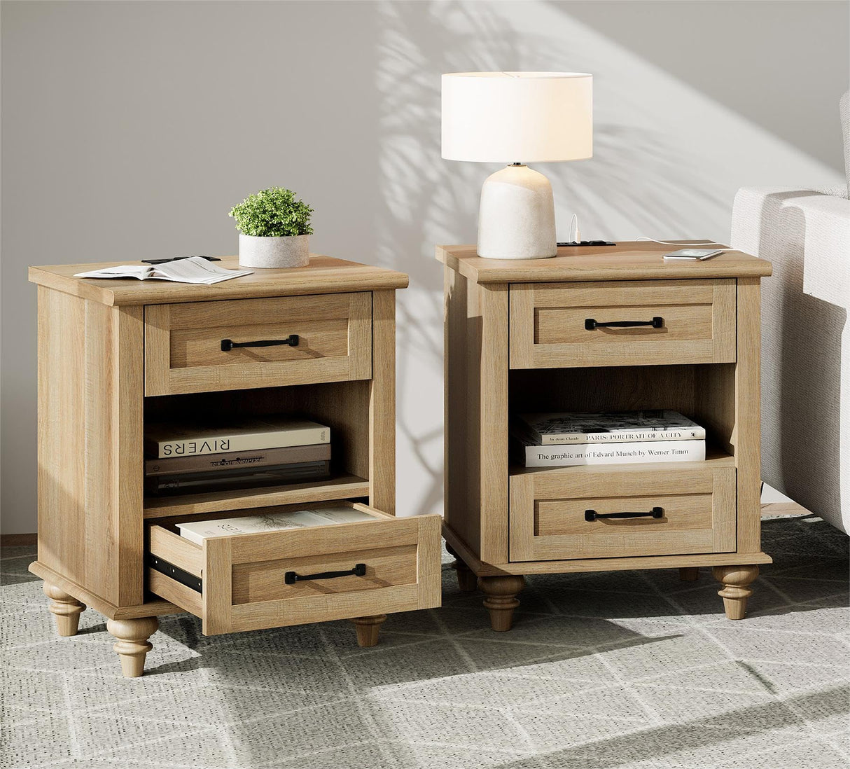 WAMPAT Set of 2 Nightstands with Drawers & Charging Station, Farmhouse Bedside Table with Open Shelf, Nightstand with Solid Wood Feet, Oak End Tables for Bedroom Living Room, Natural WAMPAT