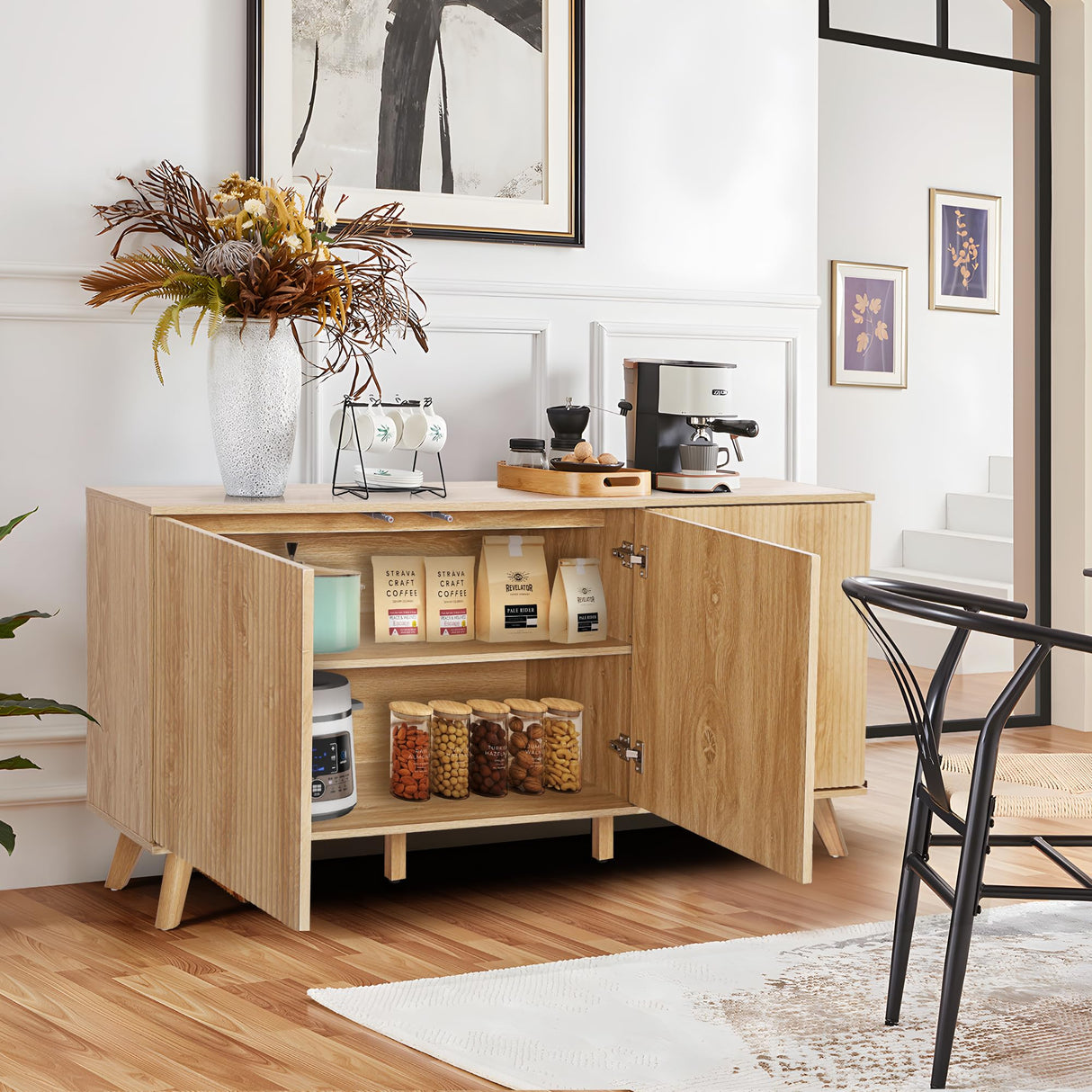 Fluted Sideboard Buffet Cabinet with Storage, Modern Storage Cabinet with 3 Doors, Wood Credenza Buffet Sideboards, Bar Cabinets Console Table for Kitchen Dining Living Room Entryway (Natural) XUZENEST