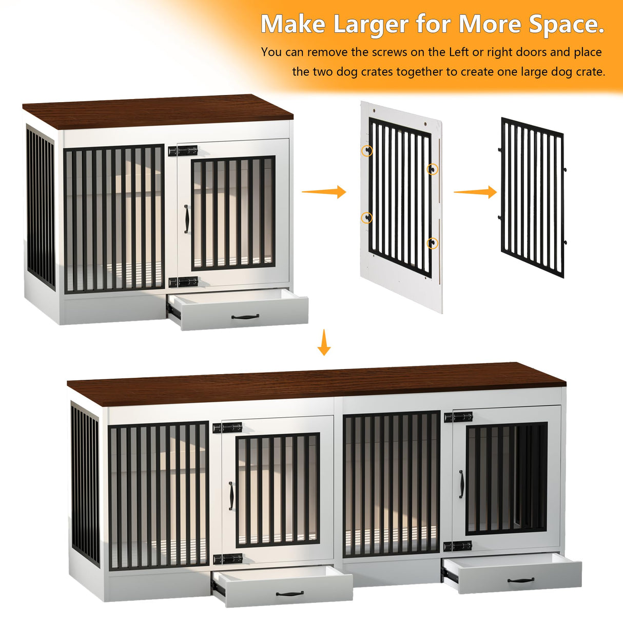 yookare White Heavy Duty Furniture Dog Crate, Wood and Metal Kennel Cage, Pet House End Table with Drawer and Pull-Out Design, Dog Home for Indoor use, Large Size yookare