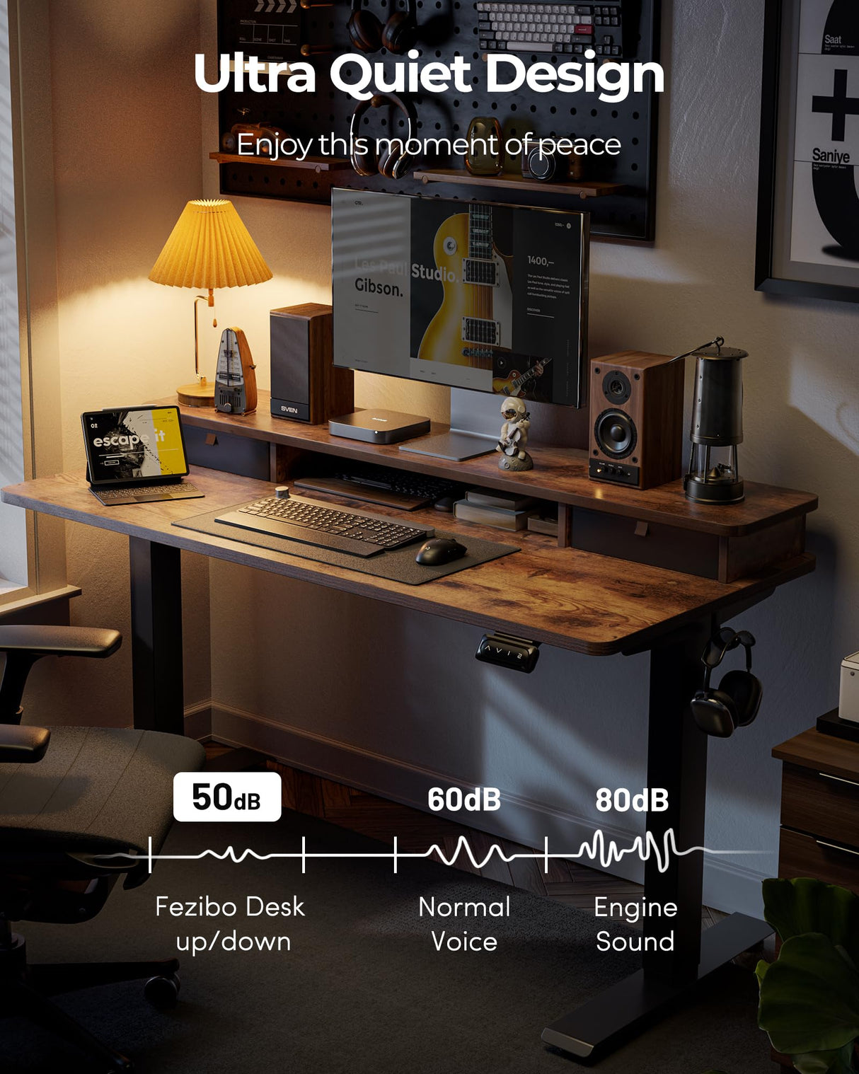 FEZIBO 48 x 24 Inch Height Adjustable Electric Standing Desk with Double Drawers, Stand up Desk, Home Office Computer Workstation with 4 Height-Adjustable Feets & 2 Hooks, Rustic Brown FEZIBO