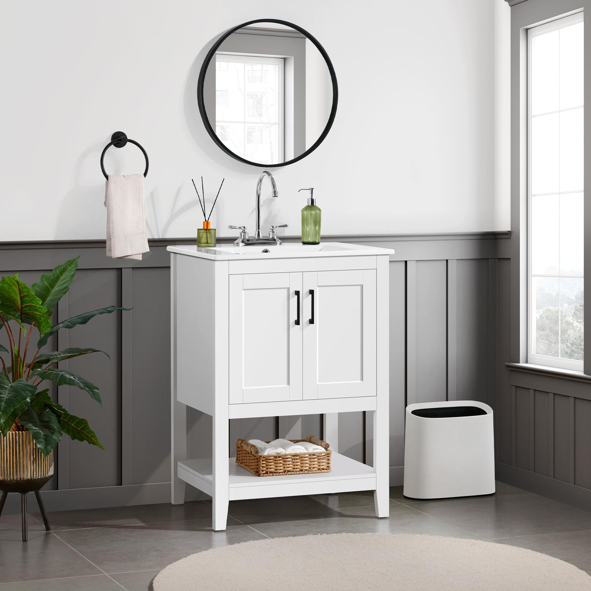 Yaheetech 24" Modern Bathroom Vanity with Sink, Bathroom Sink Cabinet with Rectangular Ceramic Basin, Bathroom Vanities Cabinet with 2 Doors and 1 Open Shelf, White Yaheetech