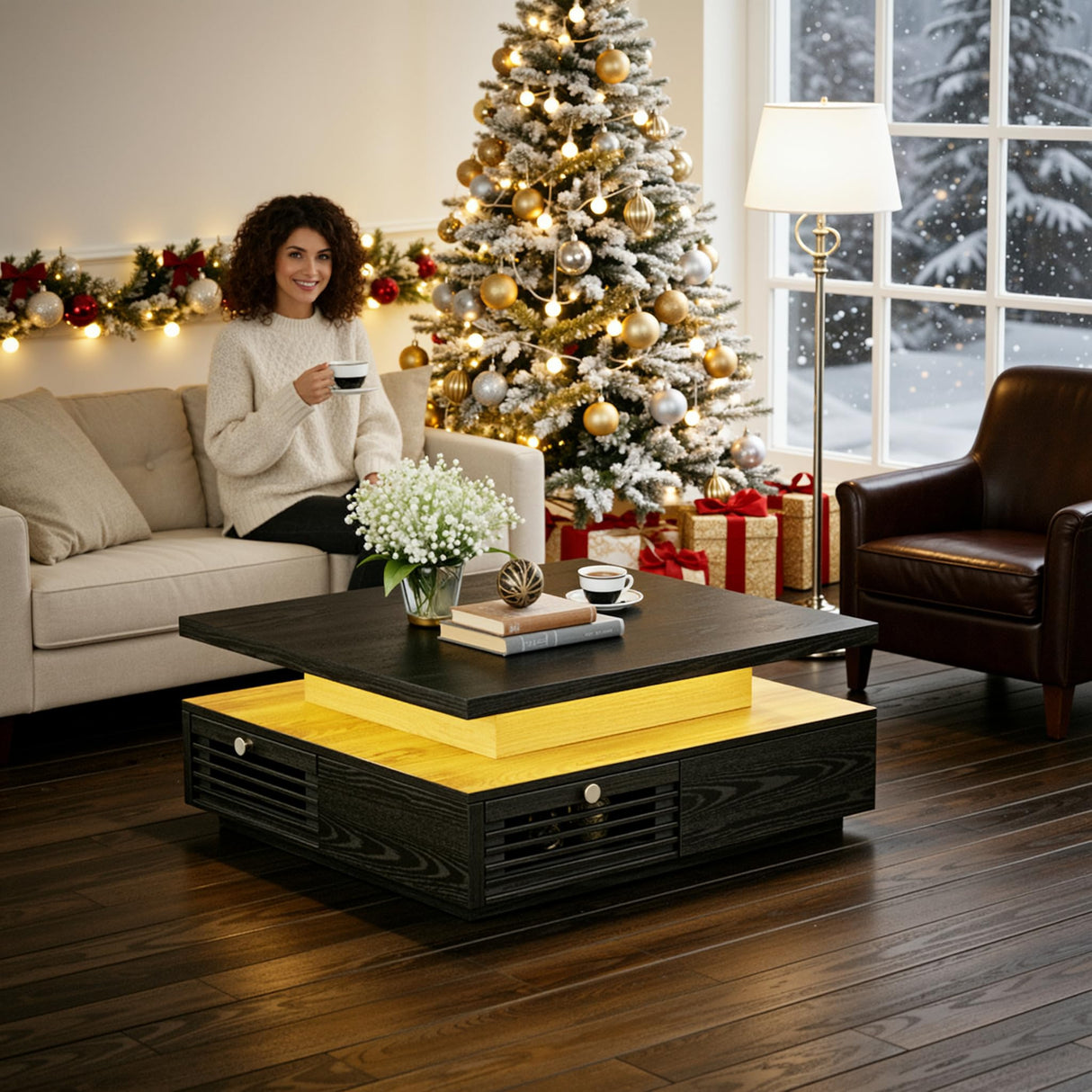 IRONCK Mid Century Modern Coffee Table with LED Lights & Charging Station, 4 Storage Drawers with Grille Design, Square Wood Coffee Table for Living Room Office, (Black) IRONCK