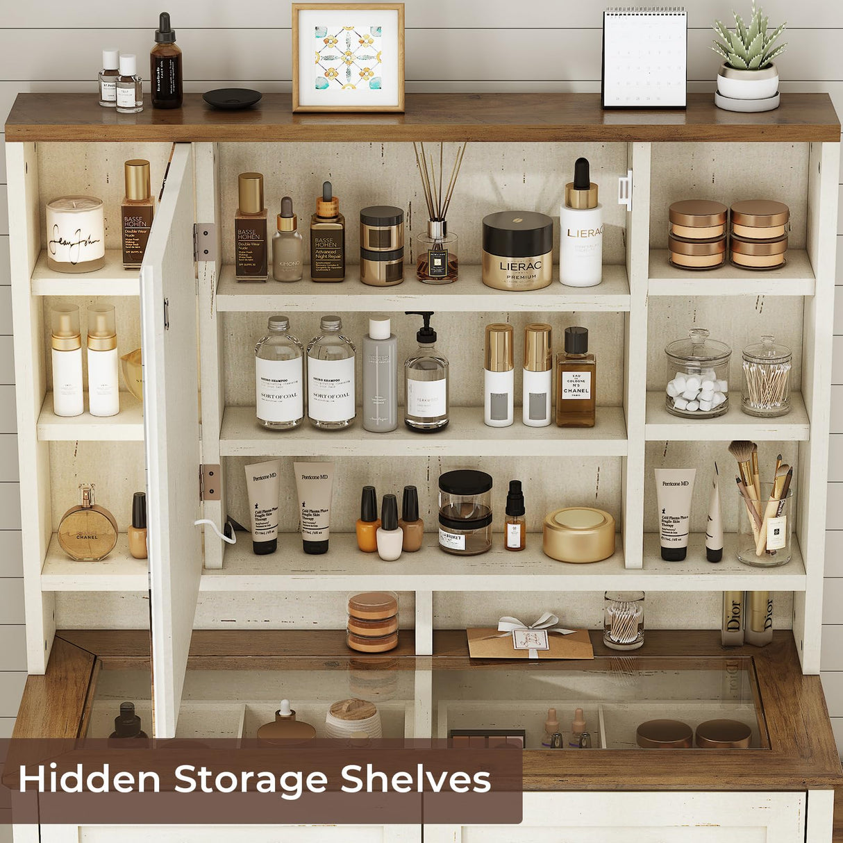 BTHFST Farmhouse Vanity with Glass Top & Charging Station, Vanity Desk with Touch Screen Mirror and Lights, Makeup Vanity with 5 Drawers & Shelves & Cabinet, Antique White BTHFST