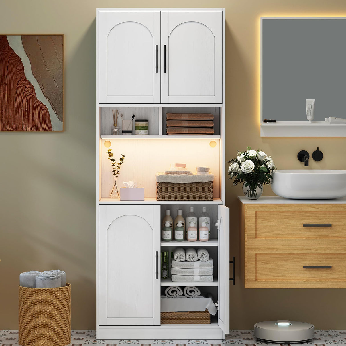 GarveeHome 71” Tall Kitchen Pantry Storage Cabinet with Microwave Shelf and LED Light, Storage Cabinet with Door and Shelve, Hutch Cabinet with Storage for Dining Room, Living Room, Bathroom, White GarveeHome