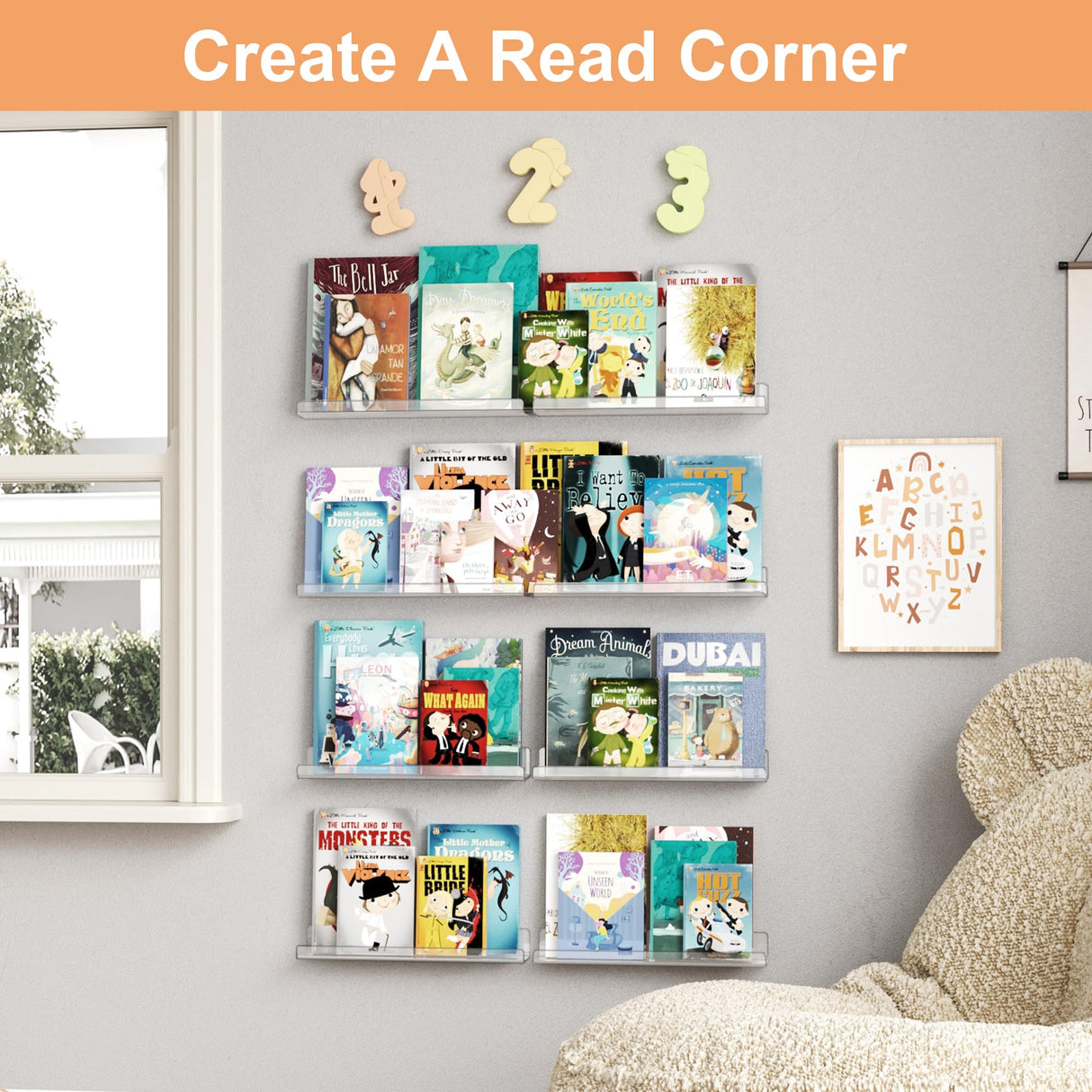 upsimples 16 Pack Acrylic Shelves for Wall Storage, 15" Floating Bookshelves for Kids, Display Shelf Organizer for Bathroom, Bedroom, Living Room, Kitchen, Room Decor, Clear upsimples