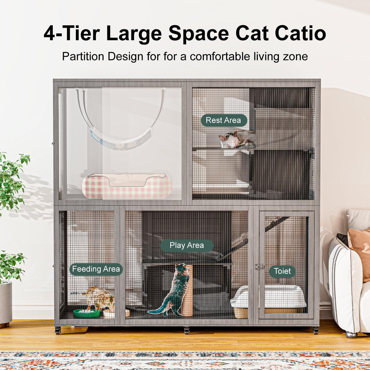 TIMHAKA Large Indoor Catio with Wheels, 4 Tier Cat Enclosures House for Outdoor Sunbathing, 66" Multi-Feature Wooden Kitty Cage for Patio with 4 Access Doors, Gray TIMHAKA