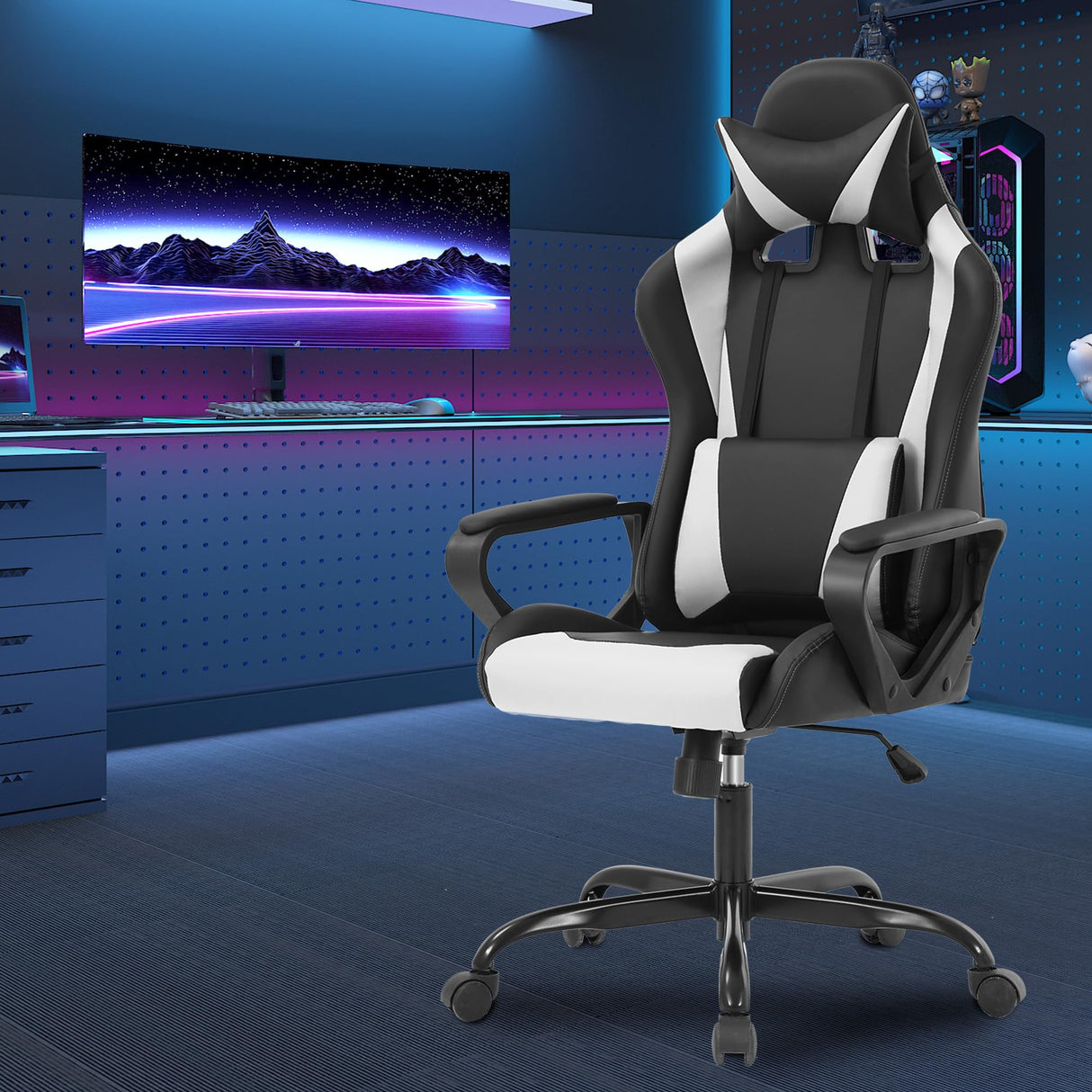 PayLessHere Ergonomic Racing Desk Chair Gaming Chair Computer Chair with Armrests 360° Swivel & Caster Pu Desk Task Chair Executive Headrest Lumbar Support for Back Pain Women Men and Adults (White) PayLessHere