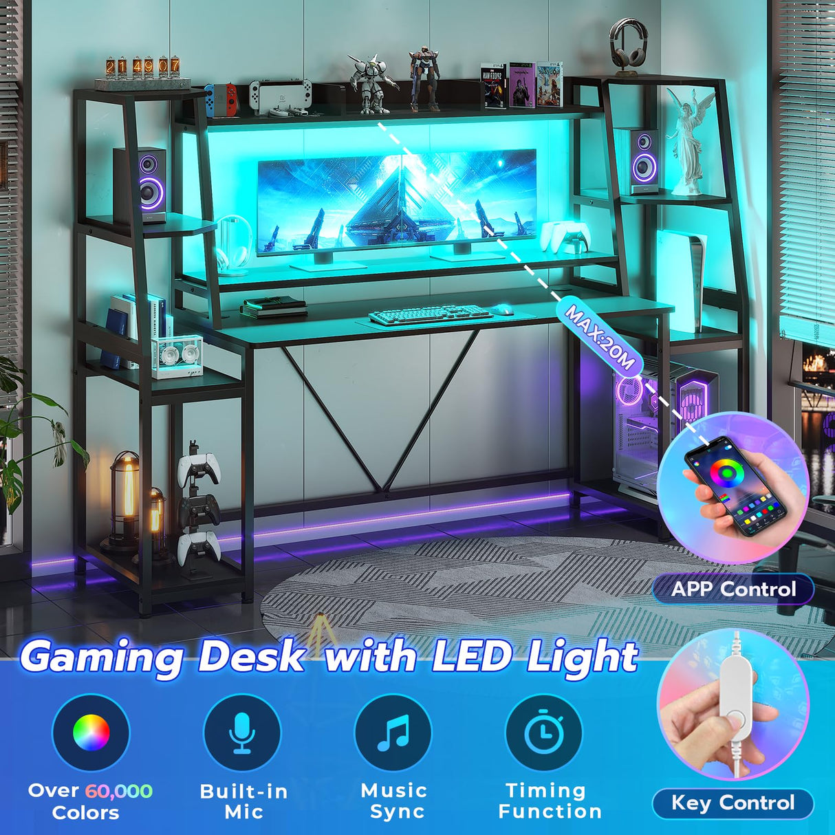 SEDETA Gaming Desk 78.8'' with LED Lights, Hutch and Storage Shelves, Computer Desk with Monitor Stand, Large PC Gamer Desk Workstation, Ergonomic Gaming Table for Bedroom, Living Room, Black SEDETA