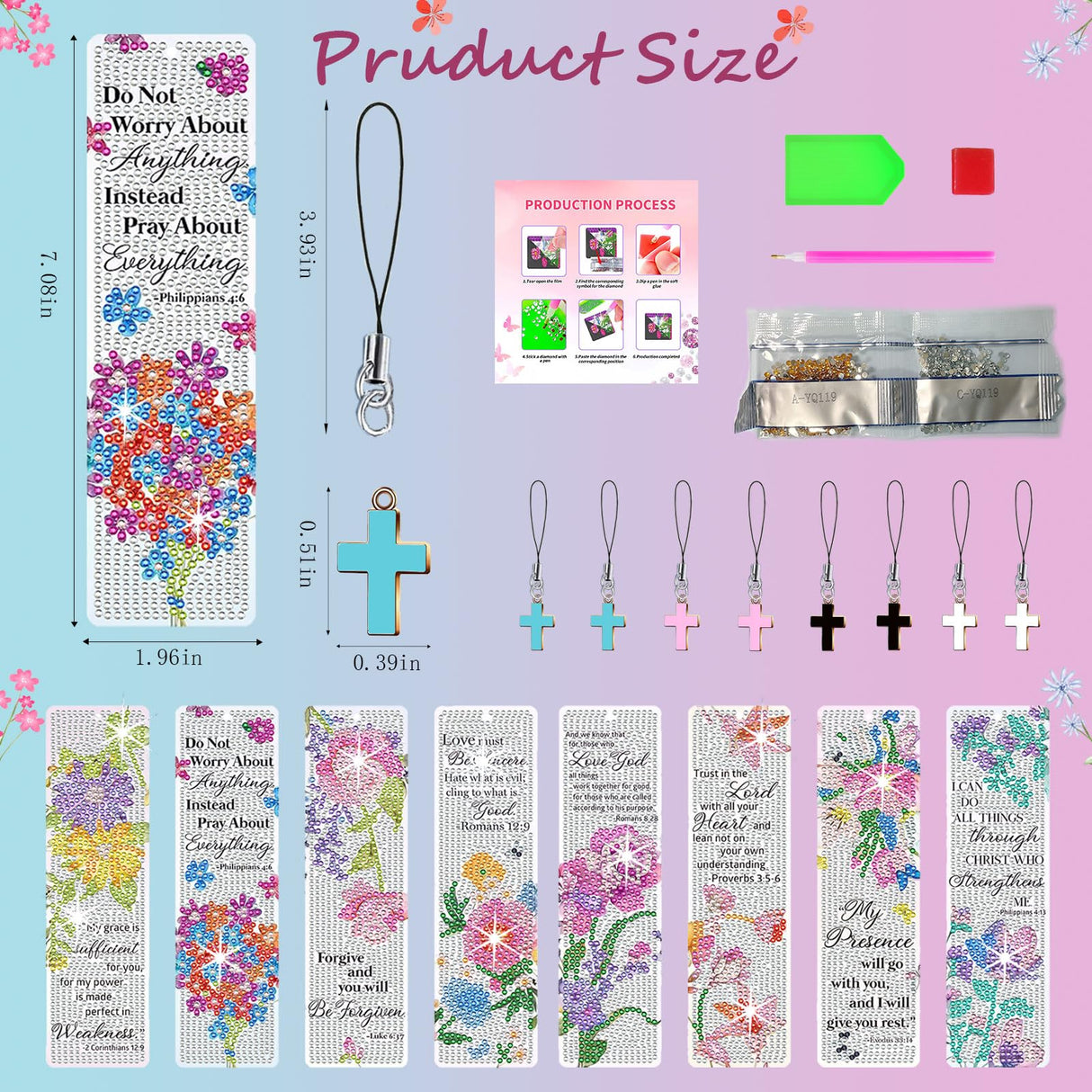 HTTDMY 8PCS Bible Verse Diamond Painting Art Bookmarks,Cute Acrylic Bookmarks Crafts Kits with Cross Pendants for Adult Women Book Lovers (Flower) HTTDMY