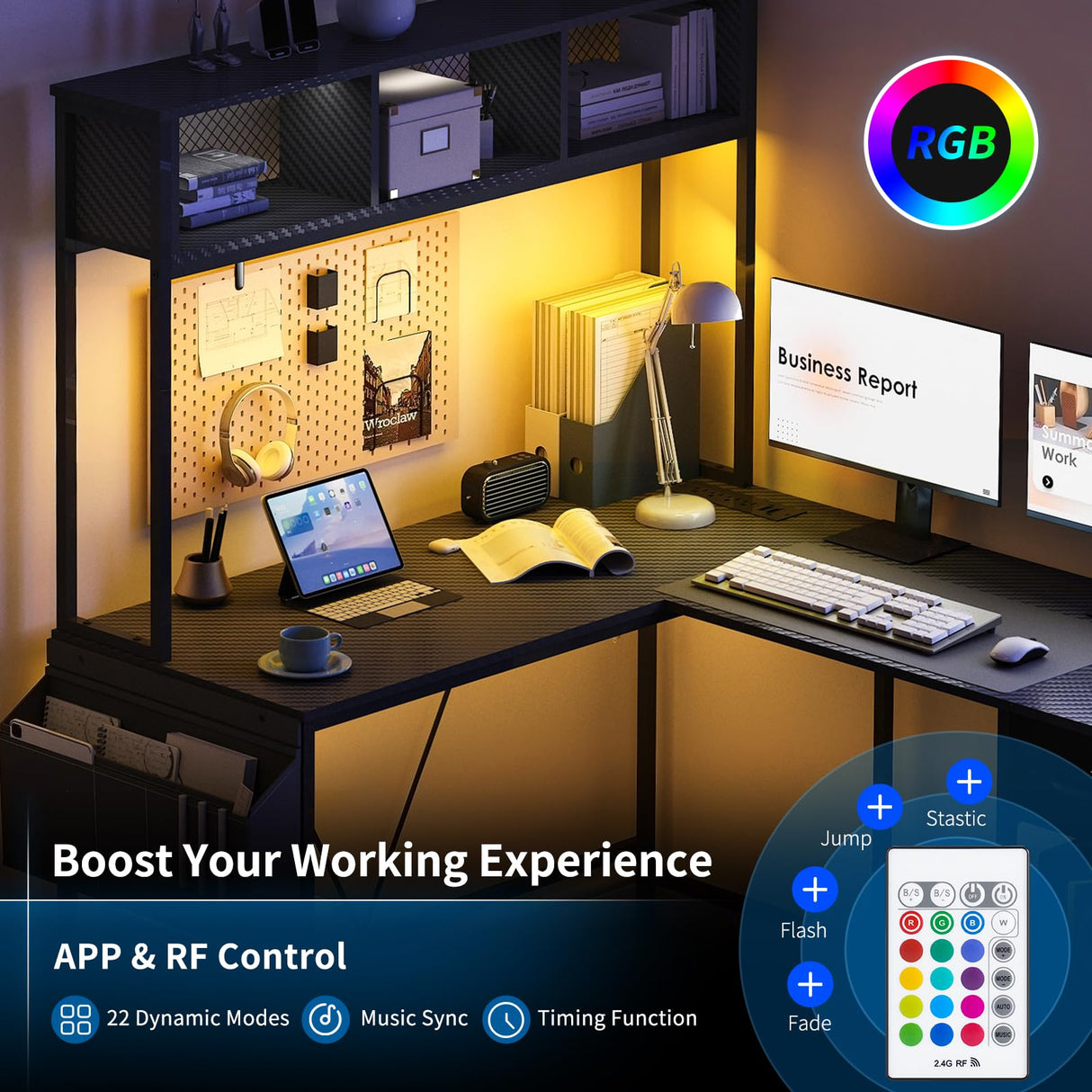 Yoobure L Shaped Desk Gaming Desk with LED Strip & Power Outlet, Reversible L-Shaped Computer Desk with Drawer, Corner Desk with Storage Shelf, 2 Person Home Office Desk, Carbon Fiber Black Yoobure