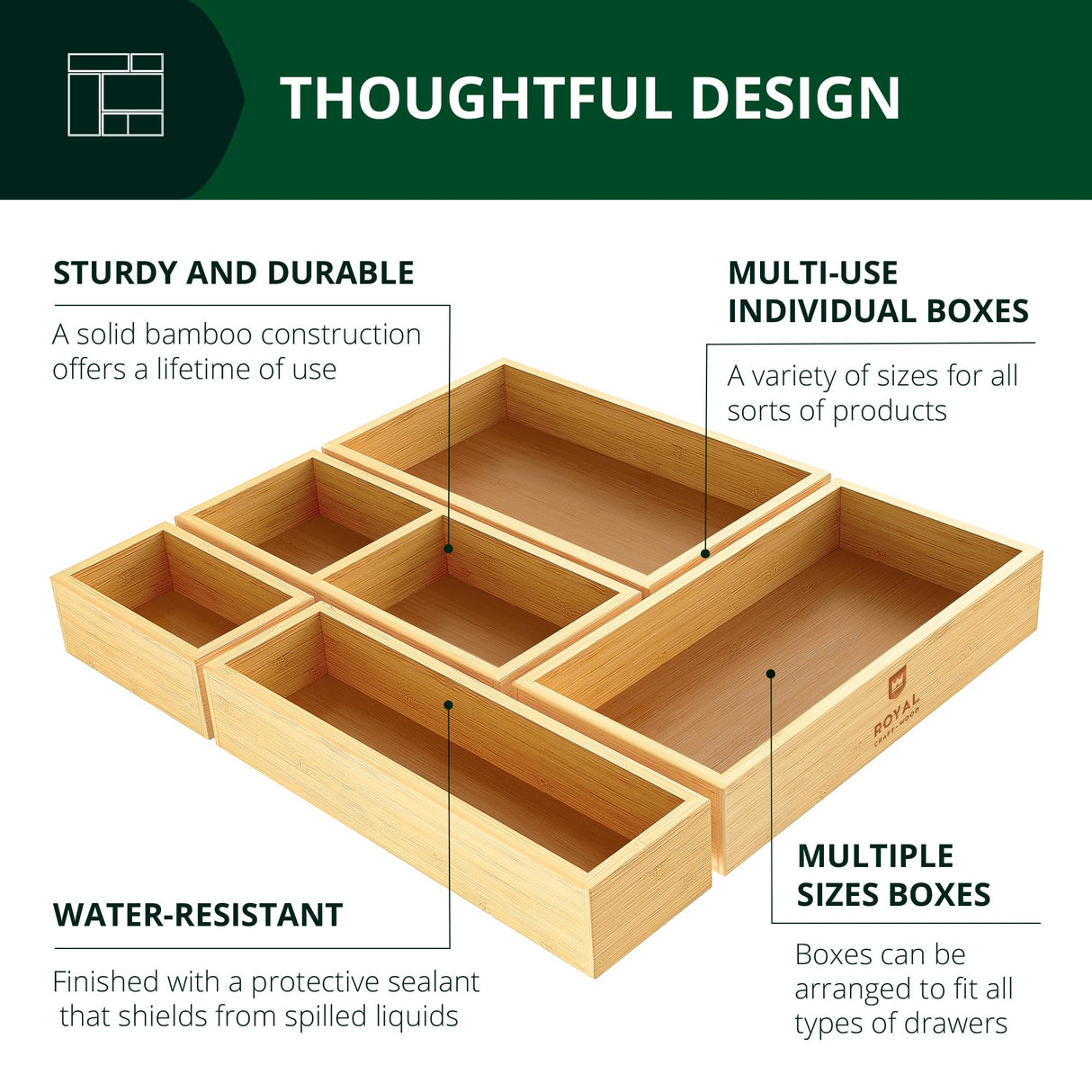 ROYAL CRAFT WOOD 5-Piece Bamboo Drawer Organizer Set โ Multi-Use Storage Trays for Kitchen, Bathroom, Office, Makeup, Jewelry & More โ Junk Drawer Tray, Utensil Holder, Storage Box & Bin Set (5 Boxes) ROYAL CRAFT WOOD