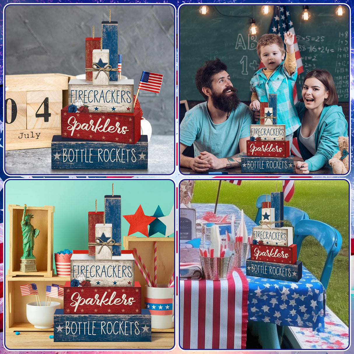 CroBlissful 4 Pcs Memorial Day Decorations Patriotic Tiered Tray Decorations 4th of July Table Sign Farmhouse Red White Blue Rustic Wood Block Stack Sign for Home Shelf Mantel(Firecrackers) CroBlissful